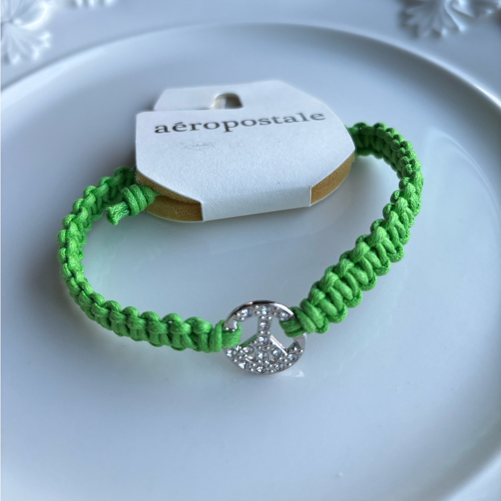 Green Aeropostale Rhinestone Peace Sign Macrame Bracelet One Size 15$